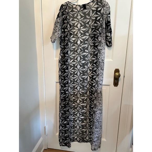 Eldior Sodeok Design Duster Kimono Women's OS Black White Floral Print Long Line - Picture 2 of 15